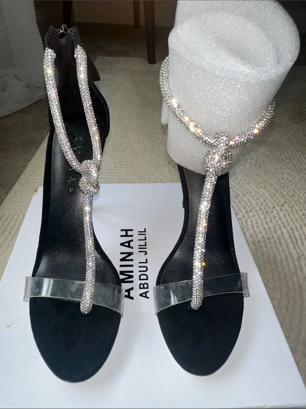 Aminah Abdul Jillil Crystal Rope For Embellished Black Ankle-Tie Sandals
